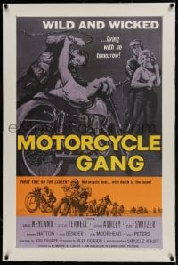 9h114 MOTORCYCLE GANG linen 1sh 1957 pretty Anne Neyland is wild & wicked and living with no tomorrow!
