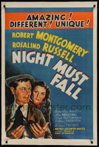 9h121 NIGHT MUST FALL linen D 1sh 1937 art of killer Robert Montgomery & Rosalind Russell, rare!