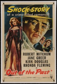 9h127 OUT OF THE PAST linen 1sh R1953 art of Robert Mitchum & Jane Greer + Kirk Douglas shown, rare!