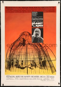 9h132 PLANET OF THE APES linen 1sh 1968 Charlton Heston, classic sci-fi, cool art of caged humans!