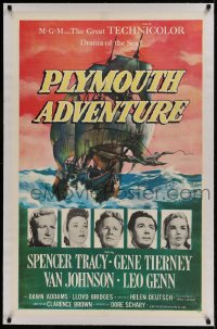 9h134 PLYMOUTH ADVENTURE linen 1sh 1952 Spencer Tracy, Gene Tierney, cool art of ship at sea!