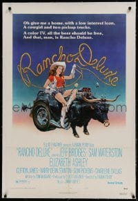 9h141 RANCHO DELUXE linen style B 1sh 1975 John Alvin art of sexy cowgirl riding wacky bull car!