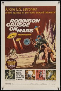 9h149 ROBINSON CRUSOE ON MARS linen 1sh 1964 cool sci-fi art of Paul Mantee & his man Friday!