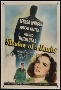 9h160 SHADOW OF A DOUBT linen style C 1sh 1943 Teresa Wright, Joseph Cotten, Alfred Hitchcock!