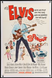 9h164 SPINOUT linen 1sh 1966 Elvis with double-necked guitar, foot on the gas & no brakes on fun!