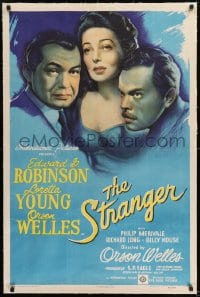 9h170 STRANGER linen 1sh 1946 cool artwork of Orson Welles, Edward G. Robinson & Loretta Young!