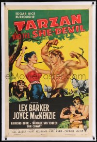 9h172 TARZAN & THE SHE-DEVIL linen 1sh 1953 great art of sexy Joyce MacKenzie whipping Lex Barker!