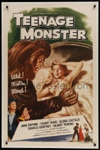 9h175 TEENAGE MONSTER linen 1sh 1957 great art of wacky beast attacking sexy Anne Gwynne in bed!