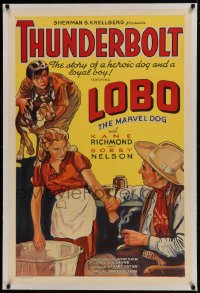 9h178 THUNDERBOLT linen 1sh 1935 stone litho of heroic canine Lobo the Marvel Dog & loyal boy!