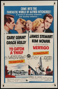 9h181 TO CATCH A THIEF/VERTIGO linen 1sh 1963 Alfred Hitchcock shown, Grant, Kelly, Stewart & Novak!