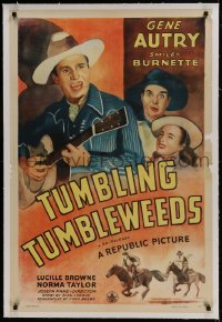 9h183 TUMBLING TUMBLEWEEDS linen 1sh R1944 art of cowboy Gene Autry with guitar & Smiley Burnette!