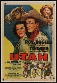 9h185 UTAH linen 1sh 1945 art of Roy Rogers, Trigger, Dale Evans, Gabby Hayes & Sons of the Pioneers!