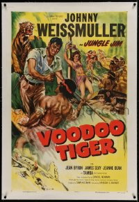 9h187 VOODOO TIGER linen 1sh 1952 art of Johnny Weissmuller as Jungle Jim, Tamba the Talented Chimp!