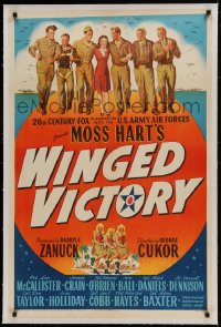 9h196 WINGED VICTORY linen 1sh 1944 Judy Holliday, WWII propaganda, stone litho of soldiers & girl!