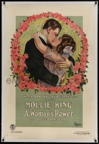 9h198 WOMAN'S POWER linen 1sh 1916 romantic stone litho of Mollie King & Douglas MacLean kissing!