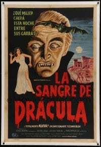 9j187 HORROR OF DRACULA linen Argentinean 1958 Hammer, art of huge vampire looming over sexy girl!