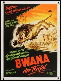9j159 BWANA DEVIL linen German 1953 cool 3-D art of lion jumpnig from movie screen by Klaus Dill!