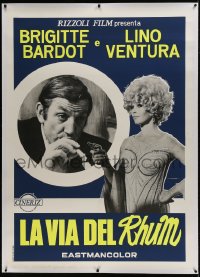 9j028 RUM RUNNERS linen Italian 1p 1972 sexy Brigitte Bardot & Lino Ventura, cool day-glo text!