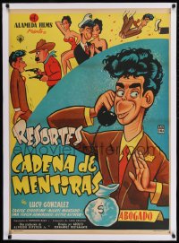 9j168 CADENA DE MENTIRAS linen Mexican poster 1955 wacky cartoon art of comedian Resortes by Cabral!