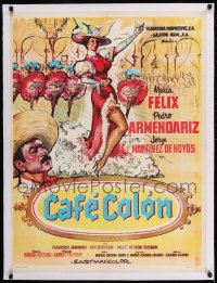 9j169 CAFE COLON linen Mexican poster 1959 art of Maria Felix & sexy showgirls + Pedro Amendariz!
