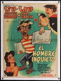 9j170 EL HOMBRE INQUIETO linen Mexican poster 1953 art of German Valdes as Tin-Tan the newsboy!