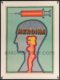 9j139 HEROIN linen Polish 23x32 1969 cool drug art of syringe & naked girl by Andrzej Krajewski!