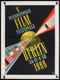 9j072 BERLIN INTERNATIONAL FILM FESTIVAL linen 17x23 German film festival poster 1955 many flags!