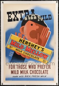 9j015 HERSHEY'S linen 31x47 advertising poster 1937 European style Mild & Mellow milk chocolate!