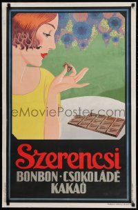 9k248 SZERENCSI 24x37 Hungarian advertising poster 1930s deco art of woman eating chocolate bar!