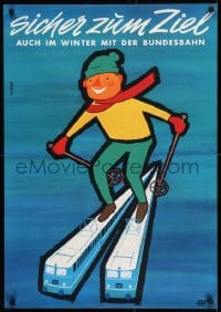 9k257 SICHER ZUM ZIEL 23x33 German travel poster 1962 Grave-Schmandt art of man skiing on trains!