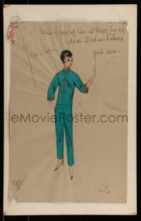 9m046 NEVER SO FEW 13x19 costume drawing 1959 wardrobe design for Gina Lollobrigida w/ fabric swatch
