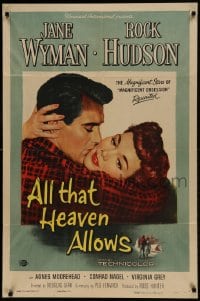 9p036 ALL THAT HEAVEN ALLOWS 1sh 1955 close up romantic art of Rock Hudson kissing Jane Wyman!