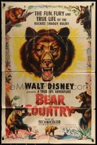 9p083 BEAR COUNTRY style A 1sh 1953 Disney True-Life Adventure, cool bear artwork!