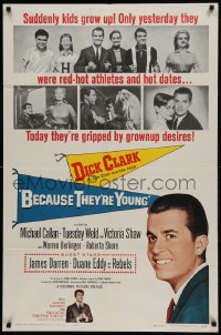 9p087 BECAUSE THEY'RE YOUNG 1sh 1960 great portrait image of young Dick Clark, Tuesday Weld