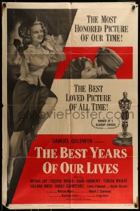 9p093 BEST YEARS OF OUR LIVES style A 1sh R1954 Dana Andrews hugs Teresa Wright, sexy Virginia Mayo!