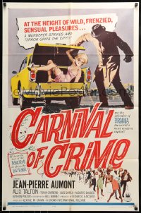 9p159 CARNIVAL OF CRIME 1sh 1964 kidnapped woman in back of yellow car, frenzied in Brazil!