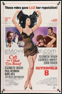 9p166 CAT ON A HOT TIN ROOF/BUTTERFIELD 8 1sh 1966 art of sexy Elizabeth Taylor in nightie!