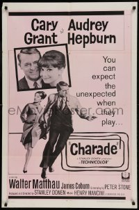 9p173 CHARADE 1sh R1968 art of tough Cary Grant & sexy Audrey Hepburn, expect the unexpected!