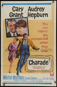 9p172 CHARADE 1sh 1963 art of tough Cary Grant & sexy Audrey Hepburn, expect the unexpected!