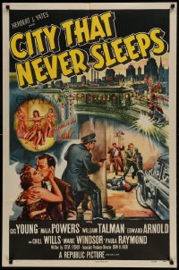 9p195 CITY THAT NEVER SLEEPS 1sh 1953 great art of gunfight under elevated train in Chicago!