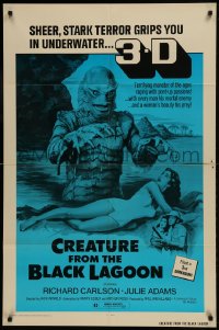 9p213 CREATURE FROM THE BLACK LAGOON 1sh R1972 art of monster attacking sexy Julie Adams, 3-D!
