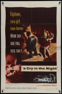 9p219 CRY IN THE NIGHT 1sh 1956 cool art of Raymond Burr & 18 year-old Natalie Wood!