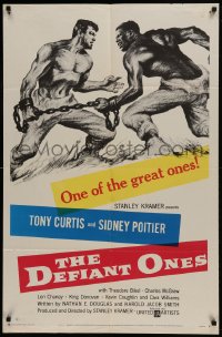 9p241 DEFIANT ONES 1sh 1958 art of escaped cons Tony Curtis & Sidney Poitier chained together!