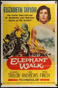9p280 ELEPHANT WALK 1sh R1960 Elizabeth Taylor, the hotter than hot star burns up the screen!