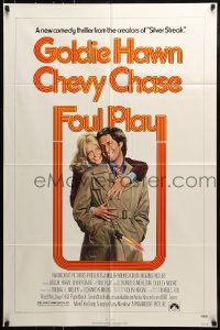 9p324 FOUL PLAY 1sh 1978 wacky Lettick art of Goldie Hawn & Chevy Chase, screwball comedy!