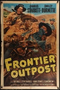 9p338 FRONTIER OUTPOST 1sh 1949 Cravath art of Charles Starrett grabbing an outlaw, Smiley Burnette