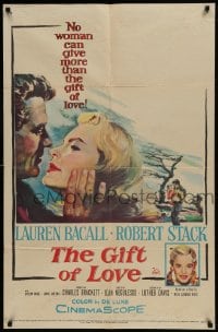 9p356 GIFT OF LOVE 1sh 1958 great romantic close up art of Lauren Bacall & Robert Stack!