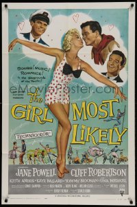 9p361 GIRL MOST LIKELY 1sh 1957 sexy full-length art of Jane Powell in skimpy polka dot outfit!