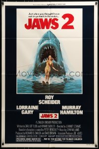 9p474 JAWS 2 1sh 1978 great classic art of giant shark attacking girl on water skis by Lou Feck!