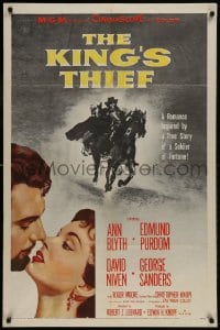 9p487 KING'S THIEF 1sh 1955 Ann Blyth romancing Edmund Purdom & art of masked Purdom on horse!